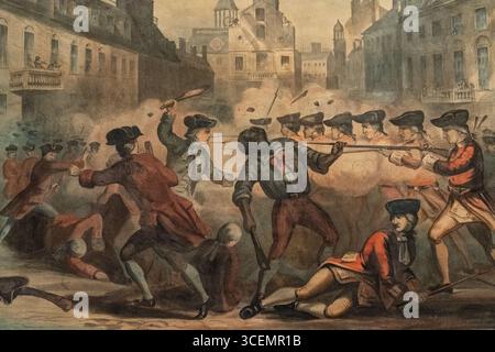 Der chromolithographische Druck deutet auf Crispus Attucks, der sich mit den britischen Soldaten konfrontiert sieht, auch bekannt im Boston Massacre, 5. März 1770, NY Public Library Stockfoto