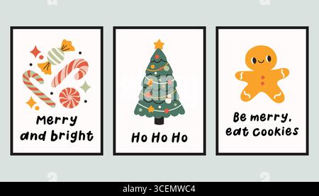 Sammlung von drei einfachen Neujahrs- und Weihnachtsplakaten. Trendige Winter Vektor Poster Set mit Zitaten. Handgezeichnete Kuschelplakate für Wohnkultur Stock Vektor