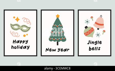 Sammlung von drei einfachen Neujahrs- und Weihnachtsplakaten. Trendige Winter Vektor Poster Set mit Zitaten. Handgezeichnete Kuschelplakate für Wohnkultur Stock Vektor