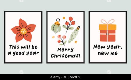 Sammlung von drei einfachen Neujahrs- und Weihnachtsplakaten. Trendige Winter Vektor Poster Set mit Zitaten. Handgezeichnete Kuschelplakate für Wohnkultur Stock Vektor