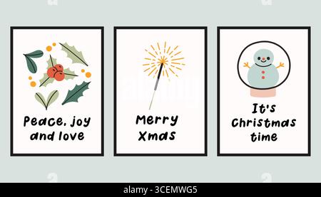 Sammlung von drei einfachen Neujahrs- und Weihnachtsplakaten. Trendige Winter Vektor Poster Set mit Zitaten. Handgezeichnete Kuschelplakate für Wohnkultur Stock Vektor