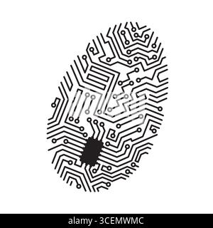 Digitale Fingerabdrücke, Sicherheit im Internet und künstliche Intelligenz. Vektorschwarzer Daumenabdruck aus Leiterplattenlinien und elektronischen Chipmustern, die biometrische Identität und Cybersicherheit symbolisieren Stock Vektor