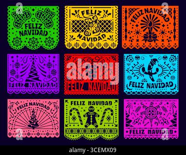 Feliz Navidad New Year mexikanische Papel Picado Girlande Wimpelfahnen. Feliz Navidad mexikanische bunte Fahnen mit Weihnachtsbäumen, Schneeflocken, Kerzen und Pinata-Muster Stock Vektor