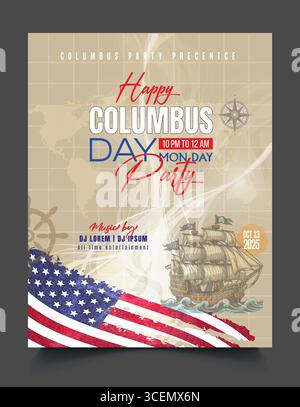 Happy Columbus Day Party Flyer Template Design, 14. Oktober Poster Template with a Ship and US Flag Vector Illustration with Confetti. Stock Vektor
