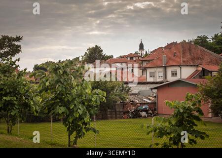 Rot gekachelte Dächer gruppieren sich auf einem ruhigen Hügel in Grocka, Serbien, mit kleinen Gärten und jungen Bäumen darunter. Ein Kirchturm erhebt sich über Häusern, Captu Stockfoto