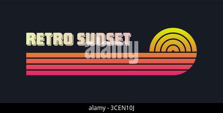 Farbenfroher Sonnenuntergang im Vintage-Stil. Verschiedene gestreifte Sonnenaufgangsabzeichen im Stil der 80er und 90er Jahre. Blick auf Sonne und Meer, Sommerstimmung, Surfen. Designelement für Stock Vektor