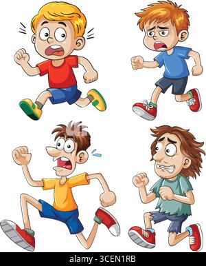Vier Zeichentrickjungen laufen mit verängstigten Gesichtern, übertriebenen Bewegungen und lebhaften Farben. Die Vektorabbildung verwendet fettgedruckte Umrisse und dynamische Zeichen p Stock Vektor