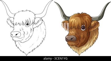 Highland-Kuhkopf im Zeichentrickstil, sowohl in detaillierter Farbe als auch in Schwarz-weiß-Kontur, mit sanften Schattierungen und klaren Vektorlinien Stock Vektor