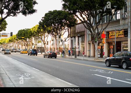Von Bäumen gesäumten 4th Street Santa Monica, Los Angeles, Kalifornien, USA Stockfoto