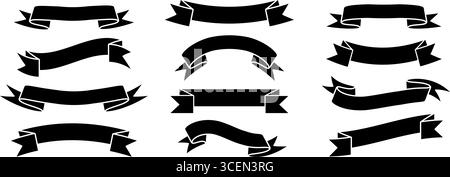 Schwarzes Bannerset. Vintage wellige Label-Element-Kollektion für grafische Designvorlagen. Gebogene und gebogene Bänder im Retro-Look für Emblem, Aufkleber, Werbung, Poster, Tag, Promotion, Rahmen. Vektor Stock Vektor
