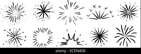 Handgezeichnetes Feuerwerk. Stifte mit Kritzelung für Feuerwerkskörper-Elemente. Schwarze pastellfarbene Skizzen von Explosion, Funkenschlag, Sternenlicht. Vektor-Holzkohle gezogene Feuerwerk Funkeln Aufkleber Stock Vektor