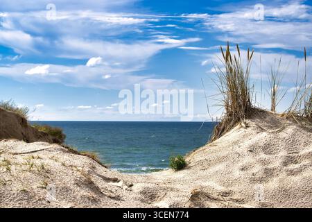 Ein einladender Blick auf die Küste mit Sanddünen und Gras, mit Meer und Himmel, die sich bis zum Horizont erstrecken und ein ruhiges und ruhiges Gefühl der Natur wecken Stockfoto