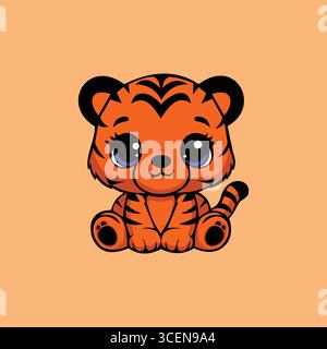 Baby Tiger Cartoon Vektor in orange, schwarz und weiß auf weichem orange Hintergrund Stock Vektor