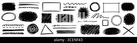 Scribble Doodle gezeichnete Bleistiftformen Set. Handgezeichnetes Rechteck im Skizzierstil, kreisförmige Rahmen und Unterstriche. Strukturierte Ränder mit Bleistift, abstrakte Pinselelemente. Vektorabbildung Stock Vektor