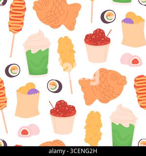 Asiatisches Essen nahtlos. Verschiedene Snacks, Süßigkeiten und Getränke. Essen zum Mitnehmen, Mochi und Brötchen, gebratener Maishund. Stoffdruck, markanter Vektor Stock Vektor