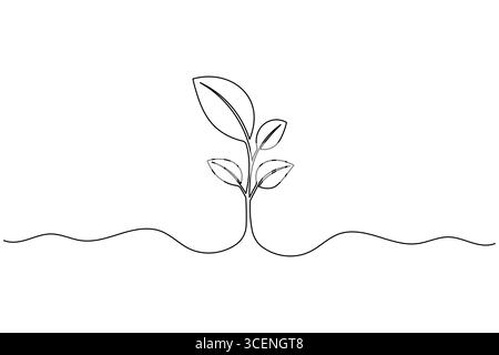 Eine Linienzeichnung eines Pflanzensprossen mit Blättern, einfache Naturvektorillustration auf weißem Hintergrund Stock Vektor