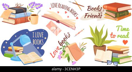 Liebe Bücher lesen. Cartoon Buch Stapel für Lesen, gemütliche Home Bibliothek Leser Hobbykonzept Lehrbuch Stapel Enzyklopädie Studium Literatur akademische Ausbildung, saubere Vektor Illustration Original Kunstwerk Stock Vektor