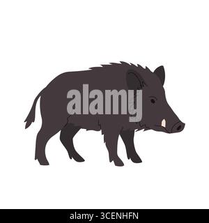 Flache Darstellung eines Wildschweins im Seitenprofil mit dunkelbraunem, stachelbraunem Fell und sichtbaren Stoßzähnen. Einfacher Cartoon-Stil, ideal für Waldtiere Stock Vektor