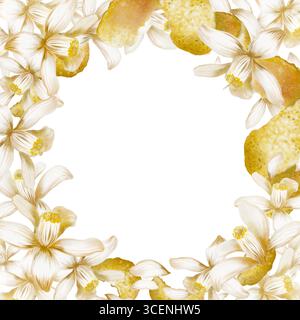 Quadratischer Rahmen mit blühenden weißen Zitronenblüten, Schalen, Schalen, Spiralen und Locken - duftende Garnitur für die Speisekarte, erfrischende Cocktails frisch, für Rezepte und Bars Stockfoto
