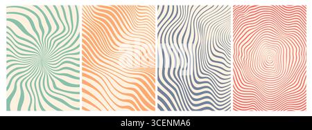 Psychedelische groovige Muster Hintergründe von abstrakten Wellenlinien und Wirbeln, Vektor trendiges Design. Grooviges Retro-Muster aus psychedelischen Wellenwirbeln und hypnotischen Flüssen mit funky- oder Hippie-Muster Stock Vektor