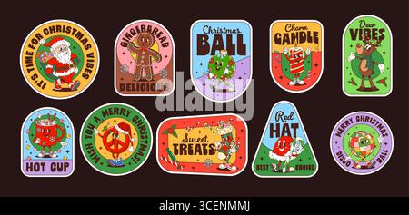 Weihnachten und Neujahr Hippie groovy Label Aufkleber Vektor Set. Retro Xmas Patches mit festlichen Charakteren wie Weihnachtsmann, Lebkuchenmann, Rentier, Ornamenten und Leckereien mit fröhlichen Weihnachtsphrasen Stock Vektor