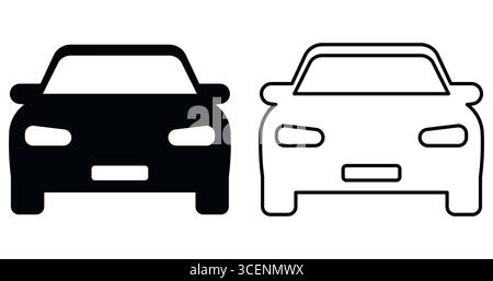 Minimalistische Symbole für die Vorderansicht des Fahrzeugs in durchgehendem und umrissenem Stil, perfekt für Transport- und Fahrzeugdesign-Projekte. Einfache Silhouette und Kontur in Schwarz-weiß für das Auto, ideal für Web, mobile Apps und Fahrzeugbranding. Stock Vektor