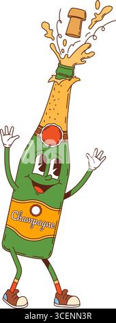 Retro-funkelnder Wein-Drink-Hippie-Groovige Charakter. Bar-Alkohol Luxusgetränk oder Alkohol-Getränk funky Vektor-Persönlichkeit. Sektflasche zur Jubiläumsfeier mit platzendem Kork-Groovigem Charakter Stock Vektor