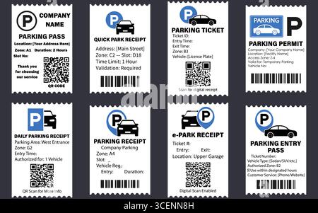 Vektorsammlung von Vorlagen für Parktickets und Belege mit QR-Codes und Barcodes, entwickelt für intelligente Parksysteme und Transportdienste. Vorlage für Parktickets. Druckbarer Parkausweis. Parkbeleg. QR-Code-Parkticket. Bearbeitbarer Parkschein. Stock Vektor