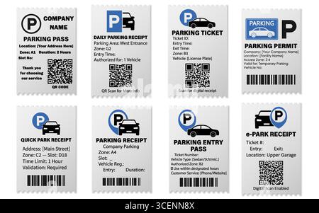 Minimaler Vektorsatz aus Vorlagen für Parktickets, Pass und Belege mit sauberem weißem Hintergrund, QR-Codes und Barcodes für editierbare Verwendung. Kaufen Sie Garagen, Apps oder urbane Mobilitätssysteme. Druckbare Parkkarte. QR-Parkausweis. Parkbeleg. Vorlage für Parkgenehmigungen reinigen. Scannbarer Parkschein. Stock Vektor