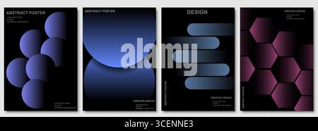 Sammlung minimalistischer abstrakter Poster mit Verlaufskreisen, Streifen und Sechsecken. Stilvolle Poster im Grafikdesign für Kunst, Werbung oder Branding mit eleganten Verläufen. Moderne kreative Hintergründe in dunklen Motiven mit geometrischen Formen und leuchtenden Farben. Stock Vektor