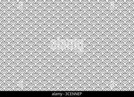 Traditionelles nahtloses Wellenmuster inspiriert von asiatischer Kunst, perfekt für Hintergründe, Verpackungen oder Textildesign, ideal für kulturelle, minimaler oder dekorativer Einsatz. Nahtloses Wellenmuster. Japanischer Seigaiha-Vektor. Asiatischer geometrischer Hintergrund. Orientalisches Muster. Schwarzweiß-Wiederholungsmuster. Stock Vektor