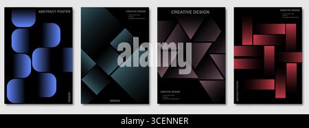 Satz abstrakter Poster mit Verläufen und geometrischen Figuren wie Quadrate, Dreiecke und Balken. Abstraktes Poster mit Verlaufsformen. Geometrisches, dunkles Design. Modernes Layout mit Dreiecken und Rechtecken. Elegantes Poster mit Farbverläufen für Branding. Künstlerische digitale Grafik mit minimalem Design. Stock Vektor