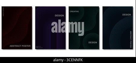 Sammlung abstrakter Posterdesigns mit geschwungenen Neonlinien auf dunklem Hintergrund. Set aus minimalen geometrischen Postern mit roten, lila, blaugrünen und blauen Linien im futuristischen Stil. Moderne abstrakte Hintergründe für Poster oder Cover mit glatten, linearen Wellen- und Bogenmustern. Stock Vektor