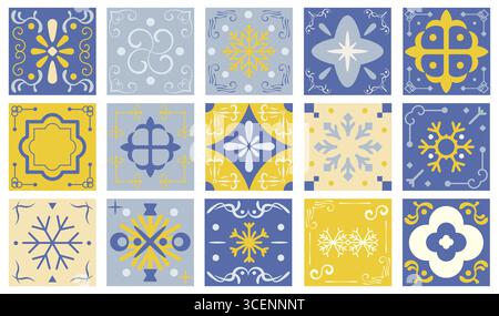 Kollektion aus dekorativen Keramikfliesen mit geometrischen und floralen Motiven in Blau- und Gelbtönen, inspiriert vom mediterranen und portugiesischen Azulejo-Design. Dekoratives Fliesenset. Mediterraner Fliesenvektor. Buntes Keramikmuster. Blaue und gelbe Fliesen. Portugiesische Azulejo-Fliesen. Stock Vektor