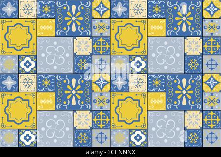 Nahtloses Vektormuster aus farbenfrohen mediterranen Fliesen, die in einem sich wiederholenden Mosaik angeordnet sind, perfekt für Tapeten, Textilien oder Oberflächendesign. Nahtloses Kachelmuster. Mediterrane Mosaikfliesen. Dekorativer Keramikhintergrund. Portugiesischer Azulejo-Vektor. Sich wiederholendes Fliesendesign. Stock Vektor