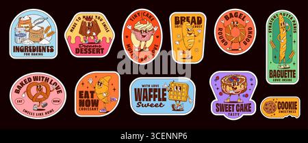 Bäckerei-Charaktere groovige Etikettenaufkleber. Vektor-Retro-Set mit Cartoon-Desserts, tanzenden Broten, Kuchen, Waffeln und Keksen mit verspielter Typografie und süßen Slogans. Vektor-Embleme mit lustigen Produkten Stock Vektor