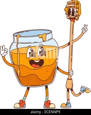 Retro-groovige Honiggläser und fröhliche Charaktere. Bienenzucht oder Bienenzucht natürlicher süßer Honig, Agrarprodukt isolierte Vektor-funky-Zeichen. Honigdessert Cartoon fröhliche Persönlichkeiten Stock Vektor