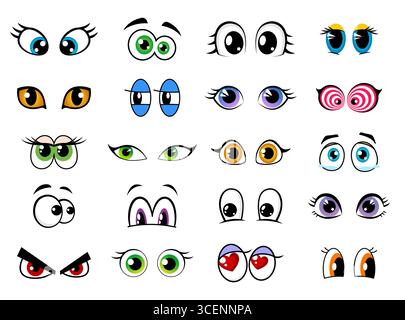Cartoon Charakter Augen für Comic süßes Gesicht und lustiges Lächeln, Vektor Gesichtsmaskottchen Ikonen. Cartoon-Augen mit Wimpern und Emotionen oder Ausdrücken, fröhlichen, wütenden und weinenden Tränen oder in Liebesherzen oder traurig Stock Vektor