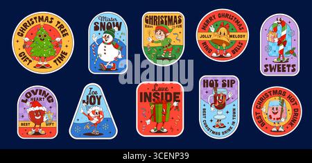 Weihnachten groovige Etikettenaufkleber, Winter-Feiertags-Patches Set. Festliche Retro-Abzeichen mit Zeichentrickfilm Weihnachtsbaum, Schneemann, Elfe, Zuckerrohr, Herz, Getränke und Geschenke mit fröhlichen Gesichtern, fröhlicher Winterstimmung Stock Vektor