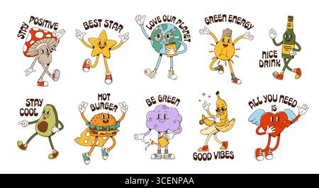 Groovige y2k-Sticker im Retro-Look mit niedlichen Charakteren im Vintage-Zeichentrick. Vektor-psychedelische Herz, Pilz, Trinkflasche und Stern-Emojis. Y2K grooviger Burger, Erdkugel, Glühbirne und Bananenaufkleber Set Stock Vektor