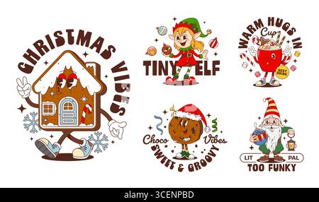 Weihnachten groovige Charaktere Label Aufkleber und T-Shirt Prints Vektor Set mit funky Lebkuchenhaus, Elf, Keks, Heißgetränk und Gnom mit Retro Typografie. Vektorfeiertage und festliche Flicken Stock Vektor