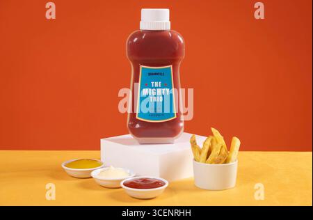 EMBARGOED BIS 0001 MITTWOCH, 20. AUGUST, NUR REDAKTIONELLE VERWENDUNG Supermarkt Aldi stellt „The Mighty Trio“ vor, eine limitierte Flasche mit dreifacher Soße, die gleichzeitig Ketchup, Mayonnaise und Senf abgibt, die als Reaktion auf neue Forschungsergebnisse veröffentlicht wurde, die zeigen, dass die Menschen über ihre Gewürze mehr Meinungen denn je sind. Ausgabedatum: Mittwoch, 20. August 2025. Stockfoto