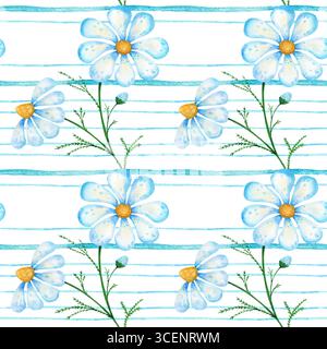 Nahtloses Aquarellmuster mit blauen Blumen und Streifen. Handgemaltes Blumendesign für Stoff, Tapeten, Verpackungen, Sommerdekoration und Stockfoto