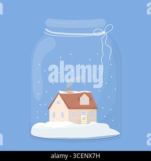 Nettes, gemütliches kleines Haus, Haus mit Schneeflocken im Glas, Text Frohe Weihnachten. Grußkarte, Poster-Design. Vektorgrafik Stock Vektor