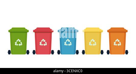 Mehrfarbige Mülleimer isoliert auf weißem Hintergrund. Mülltonnen mit Symbolen für die ökologische Verarbeitung von Produkten. . Vektorabbildung Stock Vektor
