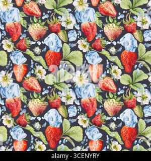 Erdbeerblätter, Tautropfen, Eiswürfel, Wasserspritzer. Reifer Sommergarten Waldbeere Strasberry handgezeichnet in Aquarell. Nahtloses Muster isoliert Stockfoto
