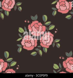 Blumenmuster mit Rosen auf schwarzem Hintergrund Stock Vektor