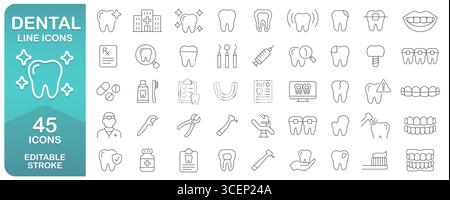 Set Mit Symbolen Für Dentale Linien Mit 45 Bearbeitbaren Konturen. Die Thin Line Collection Umfasst Zähne, Zahnspangen, Implantate, Zahnwerkzeuge, Mundhygiene, Und Zahnarzt Stock Vektor