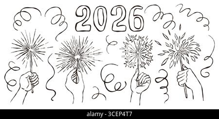 Banner, das Serpentine und Hände zeigt, die brennende Glitzer halten, lineare Vektor-Illustration für Design der Feier Party von Neujahr oder Weihnachten Stock Vektor