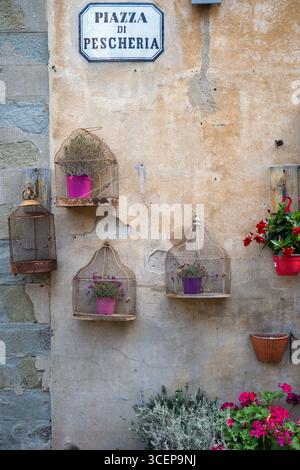 Cortona, Toskana, Italien - 24. April 2025: Blick auf die verwitterte Mauer der Piazza di Pescheria, die mit zarten Vogelkäfigen geschmückt ist, in denen lebendige Topfpflanzen und sanfte Schatten stehen. Stockfoto